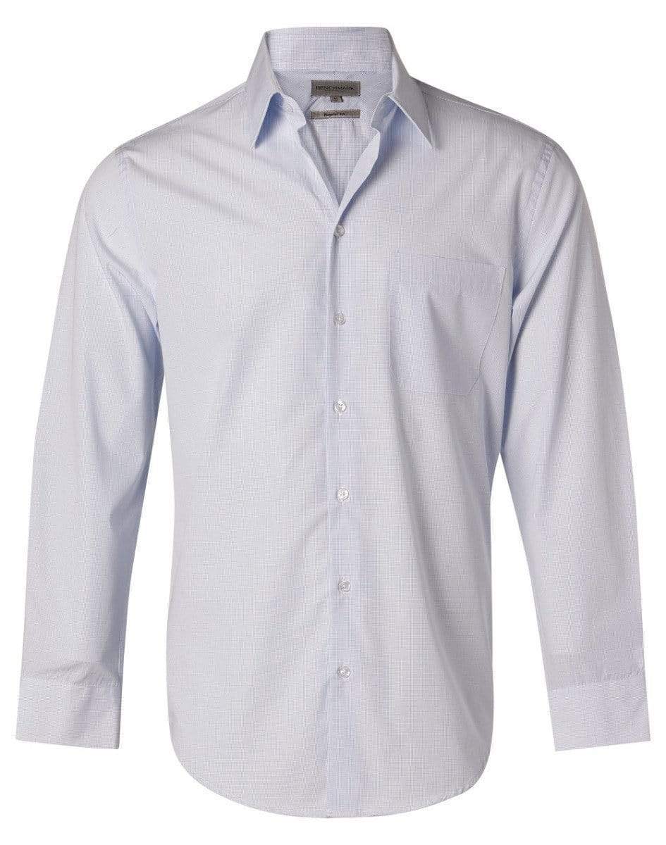 BENCHMARK Men's Mini Check Long Sleeve Shirt M7360L Corporate Wear Benchmark Pale Blue 38